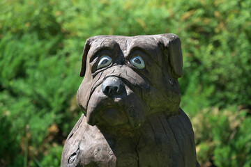 Fototapeta na wymiar Fragment of a wooden dog on a green background.