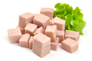 Diced boiled pork, isolated on white background. High resolution image.