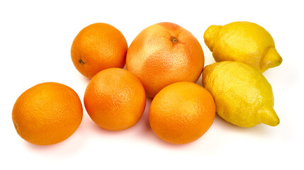 Oranges, lemon and grapefruit, ingredients for refreshing drink, isolated on white background.