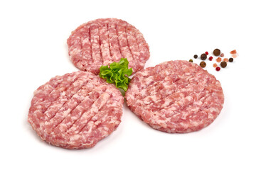 Fresh burger cutlets, isolated on white background. High resolution image.