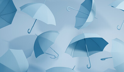 Minimal idea Floating blue and white umbrella on front and top view. Classic accessory for rain protection in spring, autumn or monsoon season, copy space for your text. 3d rendering   - obrazy, fototapety, plakaty