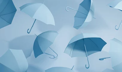 Fotobehang Minimal idea Floating blue and white umbrella on front and top view. Classic accessory for rain protection in spring, autumn or monsoon season, copy space for your text. 3d rendering   © Tiviland