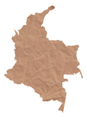 Map of Colombia made with crumpled kraft paper. Handmade map with recycled material.