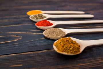 different spices in wooden spoons