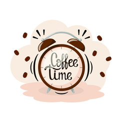 Coffee time. The inscription on the clock. Coffee beans.