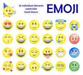 Watercolor Hand Drawn Emoji Face Isolated Elements Set  on White Background