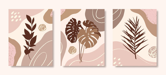 Fototapeta na wymiar Set of Botanical Art with Tropical Leaves, Branch and Organic Shapes in Minimal Trendy Style. Vector Illustration