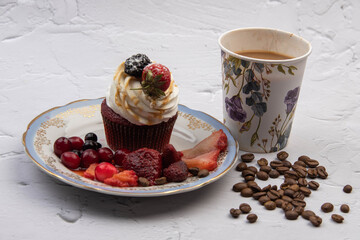 food photo cupcake with berries and coffee breakfast