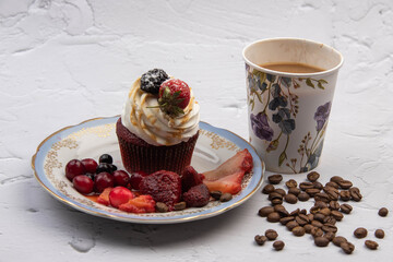 food photo cupcake with berries and coffee breakfast