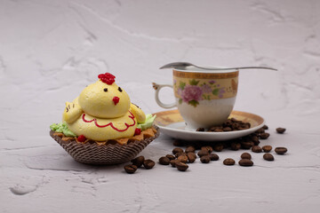 cup of coffee with beautiful cake on wooden background