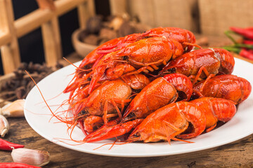 Crayfish. Red boiled crawfishes on table in rustic style,  Lobster closeup.