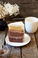 a piece of triple chocolate cake.