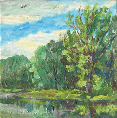 trees on the lake in summer painting 