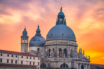 Fototapeta na wymiar Dome of Santa Maria della Salute cathedral at sunrise in Venice, Italy
