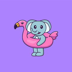 Cute elephant With flamingo buoy. Animal cartoon concept isolated. Can used for t-shirt, greeting card, invitation card or mascot. Flat Cartoon Style