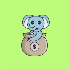 Cute elephant in a money bag. Animal cartoon concept isolated. Can used for t-shirt, greeting card, invitation card or mascot. Flat Cartoon Style