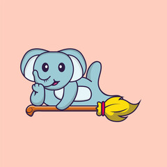 Cute elephant lying on Magic Broom. Animal cartoon concept isolated. Can used for t-shirt, greeting card, invitation card or mascot. Flat Cartoon Style