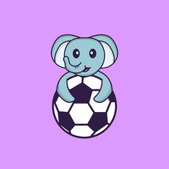 Cute elephant playing soccer. Animal cartoon concept isolated. Can used for t-shirt, greeting card, invitation card or mascot. Flat Cartoon Style