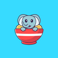 Cute elephant eating ramen noodles. Animal cartoon concept isolated. Can used for t-shirt, greeting card, invitation card or mascot. Flat Cartoon Style