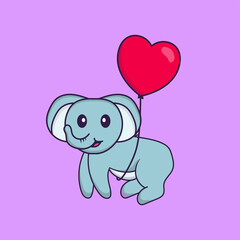 Cute elephant flying with love shaped balloons. Animal cartoon concept isolated. Can used for t-shirt, greeting card, invitation card or mascot. Flat Cartoon Style