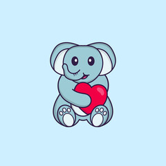 Cute elephant holding a big red heart. Animal cartoon concept isolated. Can used for t-shirt, greeting card, invitation card or mascot. Flat Cartoon Style