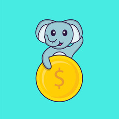Cute elephant holding coin. Animal cartoon concept isolated. Can used for t-shirt, greeting card, invitation card or mascot. Flat Cartoon Style