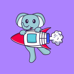 Cute elephant flying on rocket. Animal cartoon concept isolated. Can used for t-shirt, greeting card, invitation card or mascot. Flat Cartoon Style
