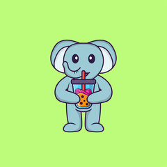 Cute elephant Drinking Boba milk tea. Animal cartoon concept isolated. Can used for t-shirt, greeting card, invitation card or mascot. Flat Cartoon Style