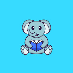 Cute elephant reading a book. Animal cartoon concept isolated. Can used for t-shirt, greeting card, invitation card or mascot. Flat Cartoon Style