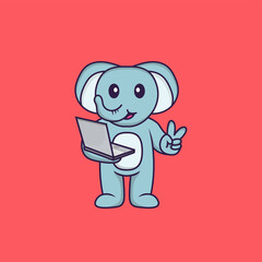 Cute elephant holding laptop. Animal cartoon concept isolated. Can used for t-shirt, greeting card, invitation card or mascot. Flat Cartoon Style