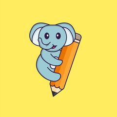 Cute elephant holding a pencil. Animal cartoon concept isolated. Can used for t-shirt, greeting card, invitation card or mascot. Flat Cartoon Style