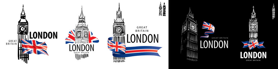 Fototapeta na wymiar Set of vector drawings of Big Ben in London on a white background