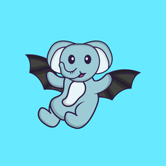 Cute elephant is flying with wings. Animal cartoon concept isolated. Can used for t-shirt, greeting card, invitation card or mascot. Flat Cartoon Style
