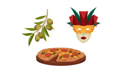 Italy Country Symbols with Venice Masquerade Mask and Branch of Olives Vector Set