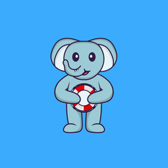 Cute elephant holding a buoy. Animal cartoon concept isolated. Can used for t-shirt, greeting card, invitation card or mascot. Flat Cartoon Style