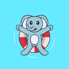 Cute elephant is Swimming with a buoy. Animal cartoon concept isolated. Can used for t-shirt, greeting card, invitation card or mascot. Flat Cartoon Style