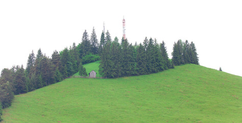 Fototapeta na wymiar green hill with forest and signal antenna on the top
