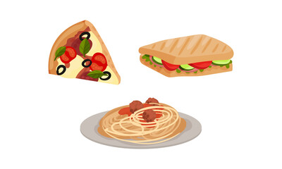 Italy Country Symbols with Pasta and Pizza as Traditional Dish Vector Set
