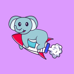 Cute elephant flying on rocket. Animal cartoon concept isolated. Can used for t-shirt, greeting card, invitation card or mascot. Flat Cartoon Style