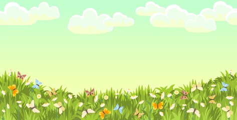 Obraz premium Meadow with wildflowers and butterflies. Grass close-up. Beautiful green landscape. Cartoon style. Flat design. Flowers. Art illustration vector
