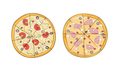 Traditional Italian Pizza of Round Shape with Bacon and Mushrooms Above View Vector Set