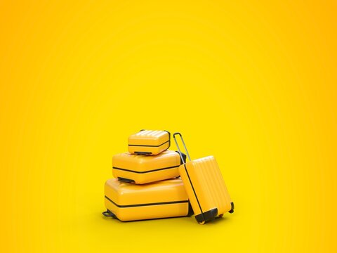 Plusieurs valises pour partir en vacances - Fond jaune - Rendu 3D