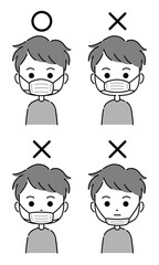 マスクの正しい付け方　男性　モノクロ