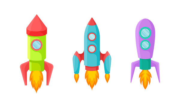 Bright Space Rocket Launching or Starting Up Vector Set