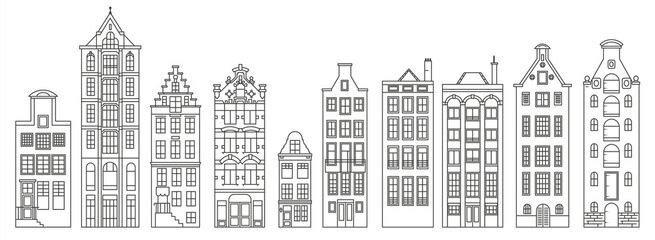 A set of old European houses. Architecture of the Netherlands. Vector outline illustration.