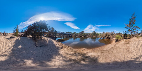 Spherical panoramic photograph of the Nepean River and Bridge in regional Australia