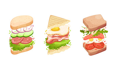 Sandwich with Ingredient Layers Between Bread Slices Vector Set