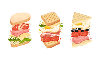 Sandwich with Ingredient Layers Between Bread Slices Vector Set