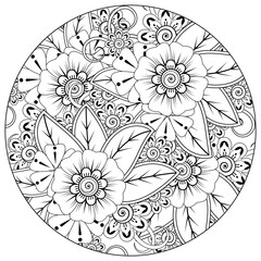Mehndi flower for henna, mehndi, tattoo, decoration. decorative ornament in ethnic oriental style. doodle ornament. outline hand draw illustration. coloring book page.