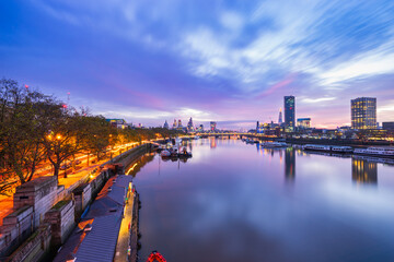Scenic sunrise of South Bank of river Thames in London. England